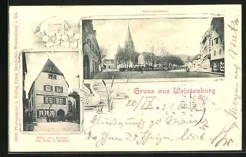AK Weissenburg, Hotel zum Schwan, Anselmannstaden, Strasse mit Kirche