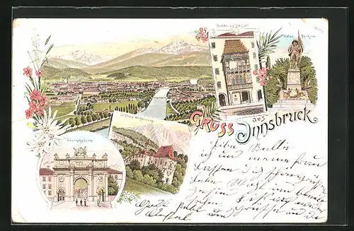 Lithographie Innsbruck, Schloss Weiherburg, Hafer Denkmal, Triumphpforte