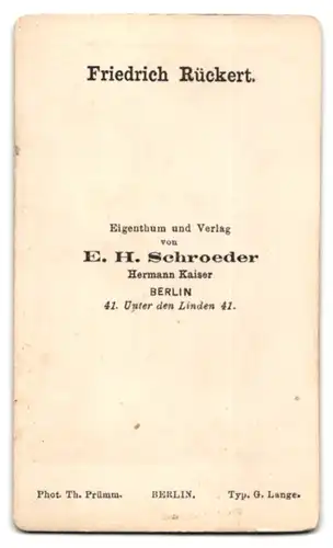 Fotografie E. H, Schroeder, Berlin, Unter den Linden 41, Portrait Friedrich Rückert mit Locken