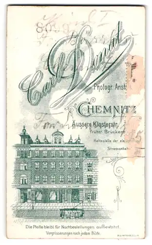 Fotografie Carl Donat, Chemnitz, Äussere Klosterstr. 34, Ansicht Chemnitz, Strassenbahn am Gebäude des Fotografen