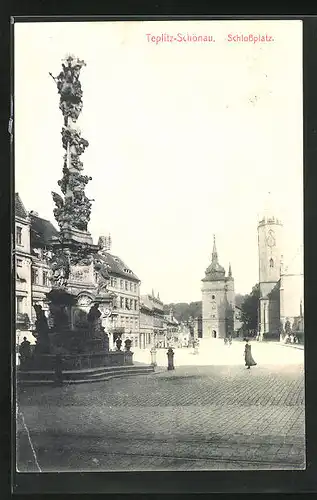 AK Teplitz Schönau / Teplice, Schlossplatz mit Pestsäule