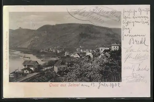 AK Salesel / Dolni Zalezly, Panoramablick auf den Ort an der Elbe