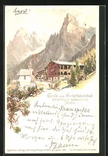 Lithographie Hinterbärenbad, Blick auf das Dorf im Kaiserthal