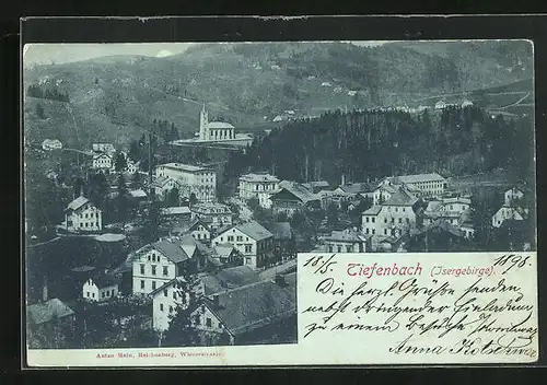 Mondschein-AK Tiefenbach /Isergebirge, Teilansicht mit Kirche