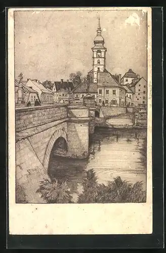 Künstler-AK Niemes am Roll, Blick von der Postbrücke