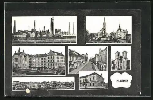AK Kladno, Industrieanlagen, Strassenpartie, Kirche