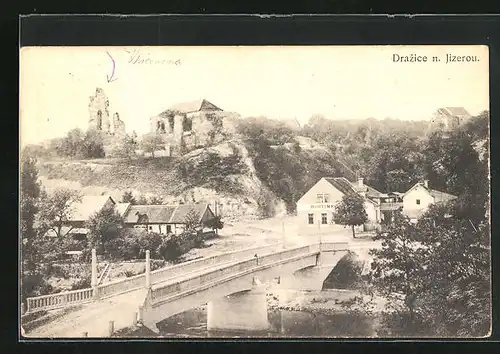 AK Drazice n. Jizerou, Ortspartie an der Brücke mit Gasthaus