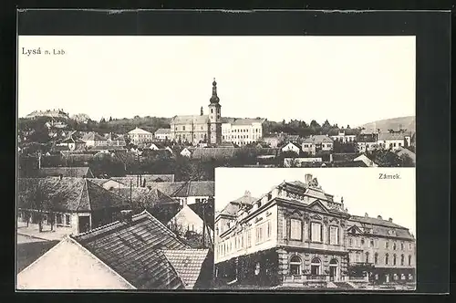 AK Lissa / Lysa, Zámek, Teilansicht mit Kirche