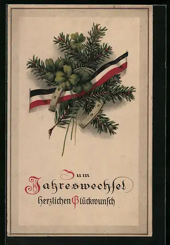 AK Kriegsneujahrsgruss mit Kleeblatt, Hufeisen und Tannenzweig