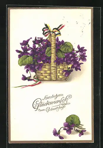 AK Kriegsgeburtstag, Korb voller violetten Blumen