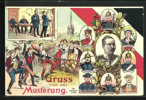 Lithographie Gruss von der Musterung, Gemessen, Train, Landsturm, Pionier