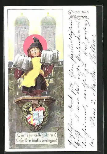 Präge-AK Münchner Kindl mit vollen Krügen, Wappen