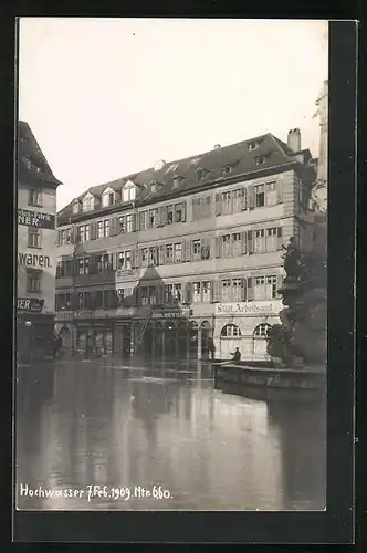 Foto-AK Würzburg, Domstrasse am städtischen Arbeitsamt, Hochwasser vom 7. Februar 1909