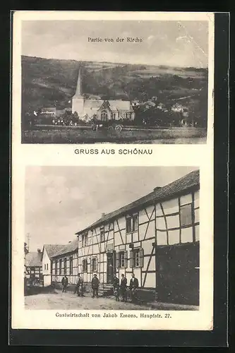 AK Schönau /Münstereifel, Gasthaus von Jakob Emons, Hauptstrasse 27, Partie von der Kirche