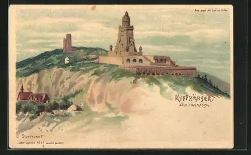 Lithographie Kyffhäuser, Kaiser Wilhelm-Denkmal, Halt gegen das Licht: Barbarossa mit Zwerg