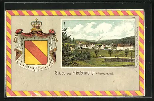 Passepartout-Lithographie Friedenweiler /Schwarzwald, Totalansicht mit Fernblick, Wappen