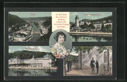 AK Bad Ems, Kgl. Kurhaus, Villen u. Wasserturm, Totalansicht