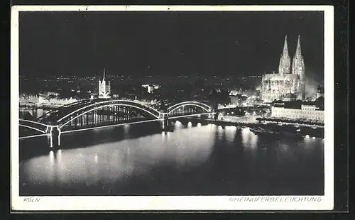 AK Köln, Rheinuferbeleuchtung aus der Vogelschau