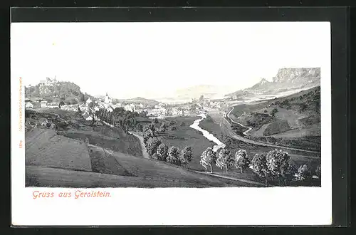 AK Gerolstein /Eifel, Ortsansicht mit Burgruinen und Fluss