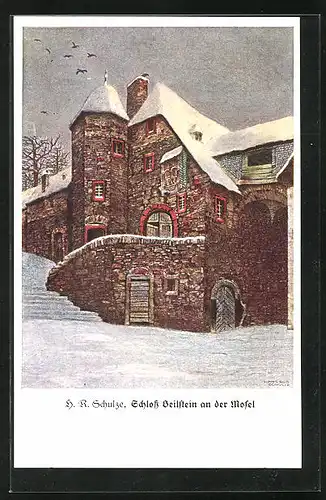 Künstler-AK Beilstein /Mosel, Verschneites Schloss im Winter, H. R. Schulze