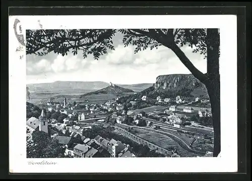 AK Gerolstein, Ortsansicht aus der Vogelschau mit Burgruine