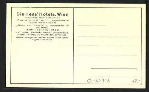 AK Wien, Reklame Die Hess` Hotels Österreich. Hof & König von Ungarn