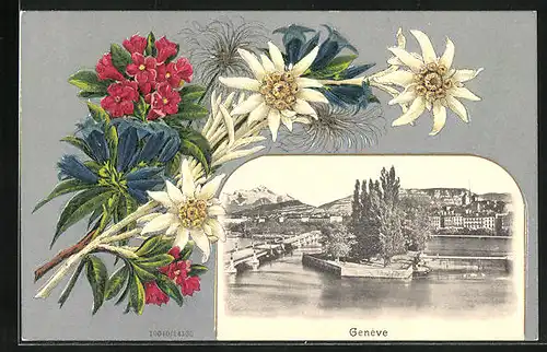 Präge-AK Genéve, Flusspartie, Edelweiss und Alpenrose
