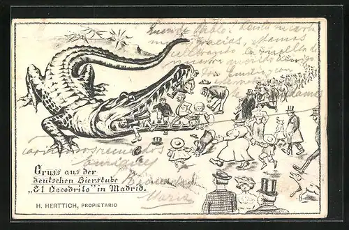 Künstler-AK Madrid, Gasthaus Deutsche Bierstube El Crocodilo