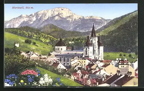 AK Mariazell, Teilansicht mit Kirche im Sommer