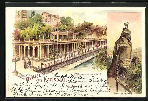 Lithographie Karlsbad, Mühlbrunnencolonade, Hirschensprung