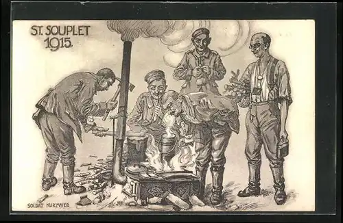 Künstler-AK St. Souplet, Feldgraue Geniesser 1915, Soldaten warten aufs Essen