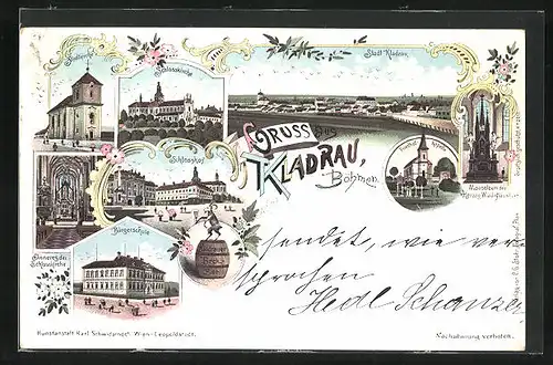 Lithographie Kladrau /Böhmen, Schlosskirche, Schlosshof, Ortsansicht