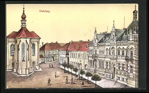 Künstler-AK Dobrany, Strassenpartie an einer Kirche