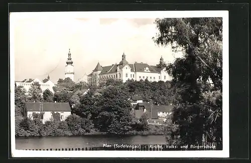 AK Plan /Sudetengau, Kirche, Volks- und Bürgerschule