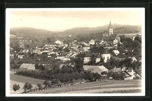 AK Tachau, Teilansicht der Stadt mit Bergen