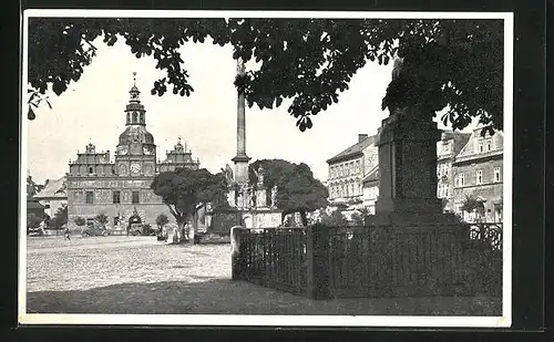 AK Stríbro-Mies, Stadtplatz mit Kirche und Denkmälern