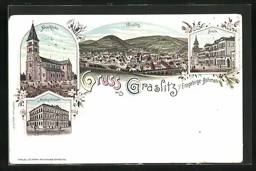 Lithographie Graslitz, Amtsgebäude, Schule, Neue Kirche