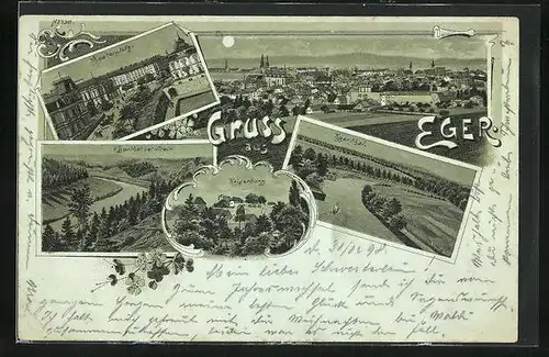 Mondschein-Lithographie Eger, Kaiserburg, Theaterplatz, Egerthal bei Stein