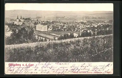 AK Königsberg /Eger, Panorama von Anhöhe, Neue Volks- und Bürgerschule