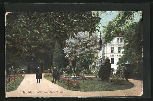 AK Karlsbad, Cafe Freundschaftssaal, Gartenpartie