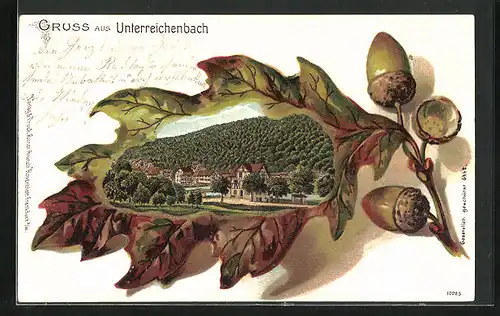 Passepartout-Lithographie Unterreichenbach, Ortsansicht auf Eichenblatt