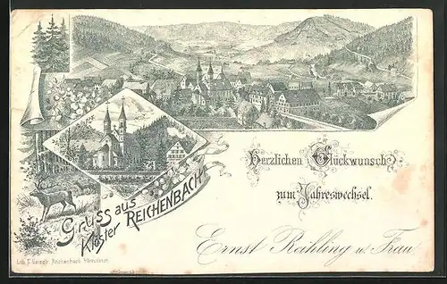 Lithographie Klosterreichenbach, Kloster aus der Vogelschau, Blick ins Land, Neujahrsgruss