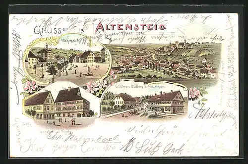Lithographie Altensteig, Gasthof zur Traube, G. Werners Stiftung z. Bruderhaus