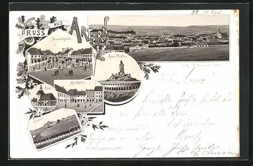 Lithographie Artern, Bismarckplatz, Brauerei, Kaiser-Denkmal