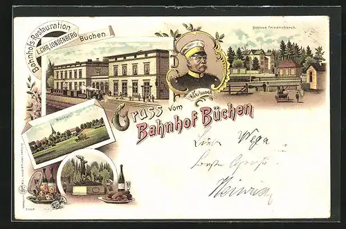 Lithographie Büchen, Bahnhofs-Restaurant, Schloss Friedrichsruh