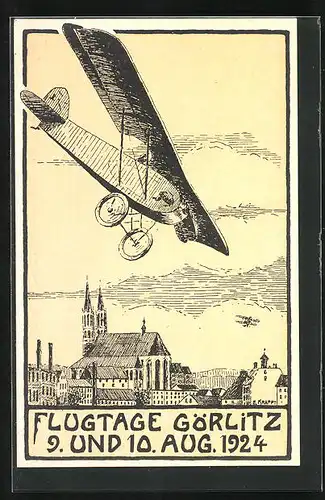 Künstler-AK Görlitz, Flugtage 9. und 10. August 1924, Flugzeug über der Kirche