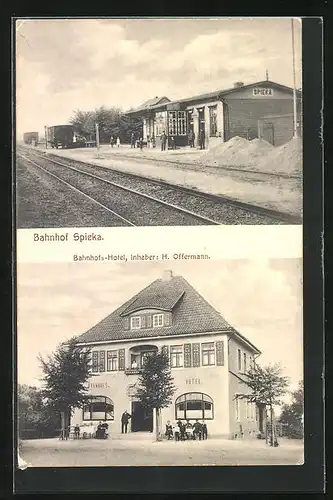 AK Spieka, Bahnhofs-Hotel von H. Offermann, Bahnhof von der Gleisseite