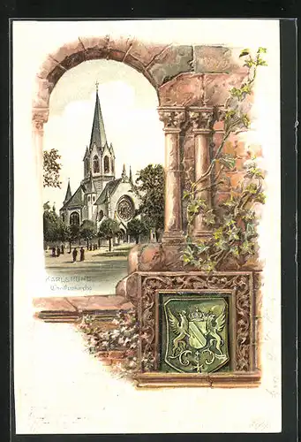 Passepartout-Lithographie Karlsruhe, Ansicht der Christuskirche, Wappen