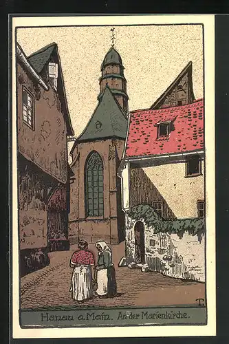 Steindruck-AK Hanau a. Main, Strassenpartie an der Marienkirche