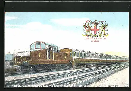 Künstler-AK London, Metropolitan Railway Electric Engine and Train, englische Eisenbahn